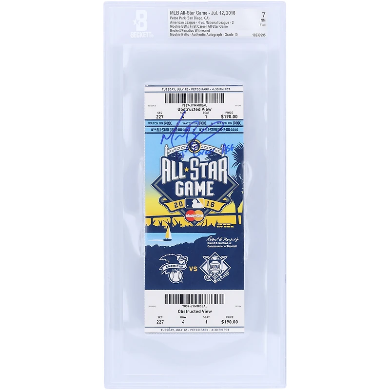 Mookie Betts Boston Red Sox Autographed 1st Career All-Star Game Beckett Fanatics Witnessed Authenticated 7/10 Ticket from July 12, 2016 with "1st Career ASG" Inscription