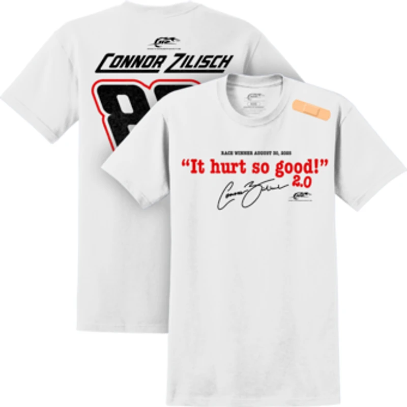 Men's JR Motorsports Official Team Apparel  White Connor Zilisch 2025 NASCAR Xfinity Series Pacific Office Automation 147 Race Winner T-Shirt