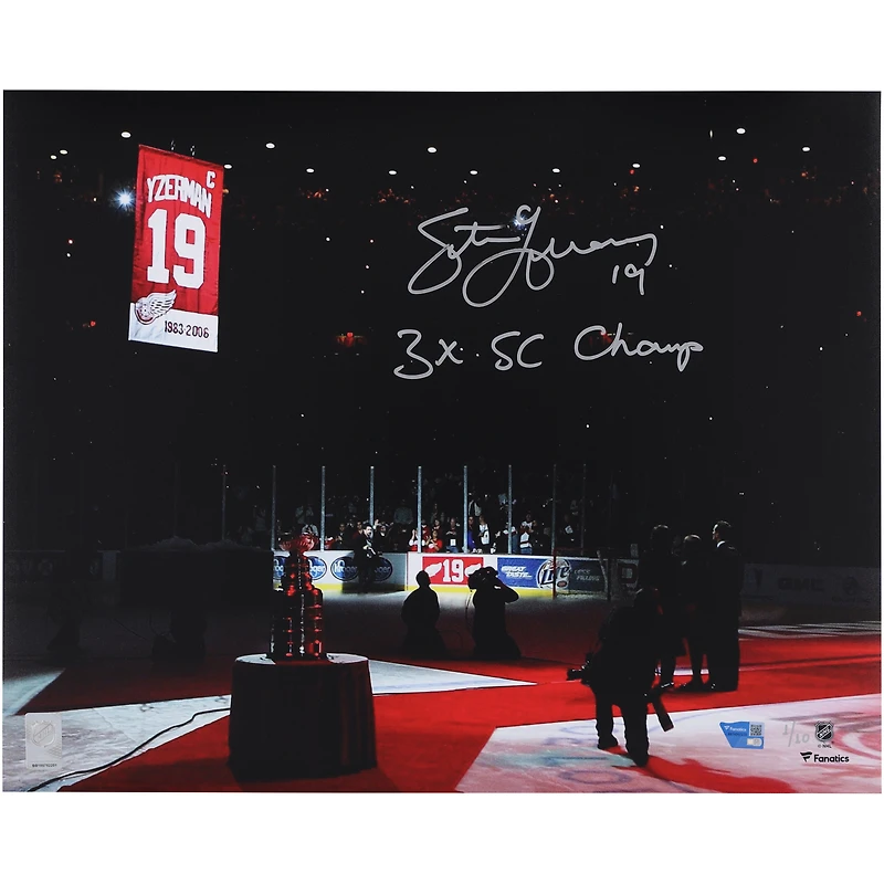 Steve Yzerman Detroit Red Wings Autographed 16" x 20" Jersey Retirement Night Photograph with "3X SC Champ" Inscription
