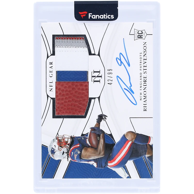 Rhamondre Stevenson New England Patriots Autographed 2021 Panini National Treasures Rookie NFL Gear Combo Ball & Jersey Tri-Color Relic #RSC-RS #42/99 Rookie Card
