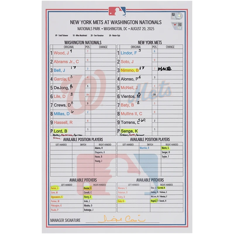 Washington Nationals Autographed Game-Used Lineup Card vs. New York Mets on August 20, 2025