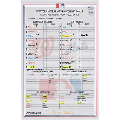 Washington Nationals Autographed Game-Used Lineup Card vs. New York Mets on August 20, 2025