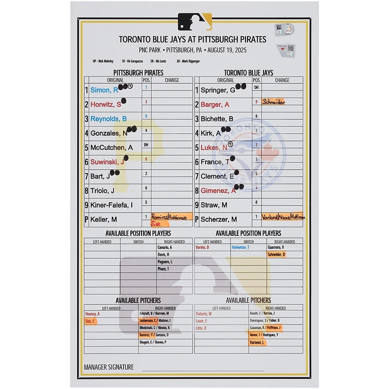 Pittsburgh Pirates Autographed Game-Used Lineup Card vs. Toronto Blue Jays on August 19, 2025