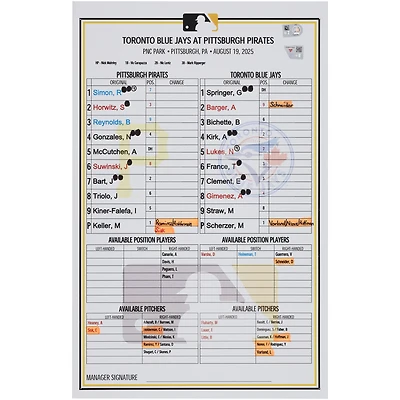 Pittsburgh Pirates Autographed Game-Used Lineup Card vs. Toronto Blue Jays on August 19, 2025