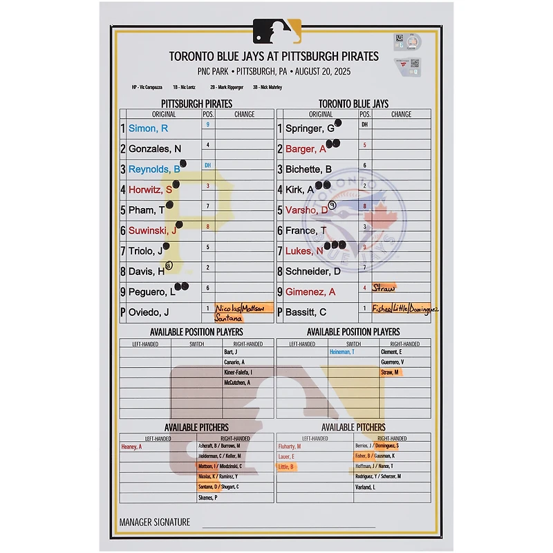 Pittsburgh Pirates Autographed Game-Used Lineup Card vs. Toronto Blue Jays on August 20, 2025