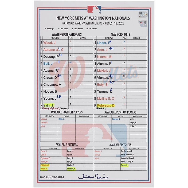 Washington Nationals Autographed Game-Used Lineup Card vs. New York Mets on August 19, 2025