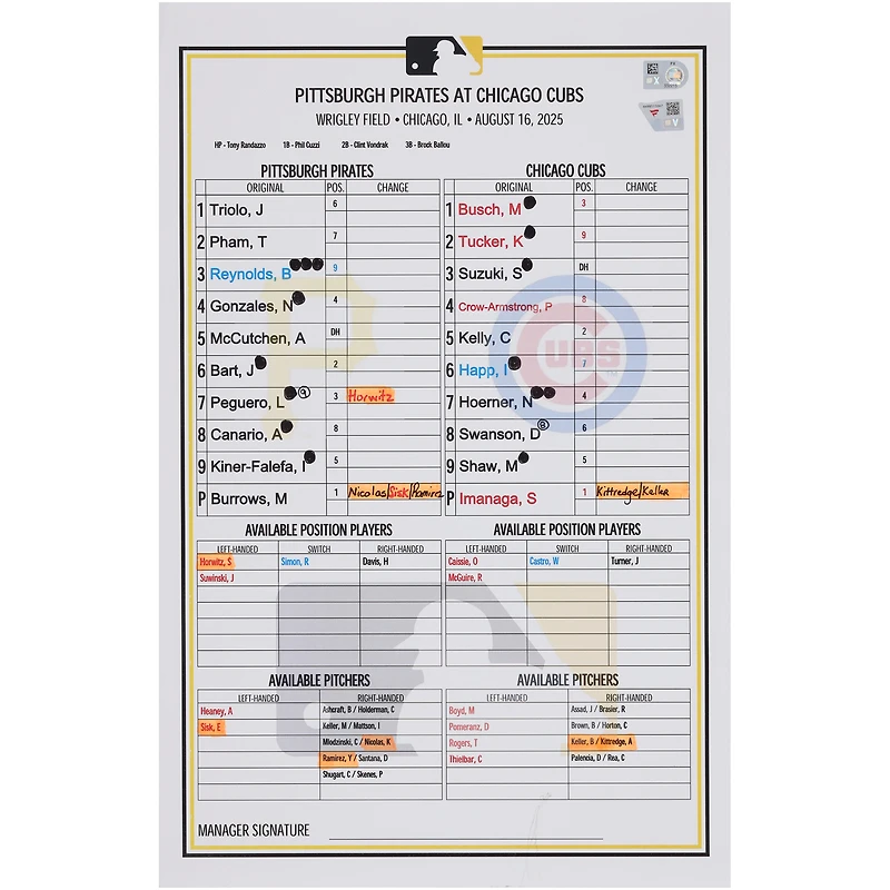 Pittsburgh Pirates Autographed Game-Used Lineup Card vs. Chicago Cubs on August 16, 2025