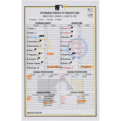 Pittsburgh Pirates Autographed Game-Used Lineup Card vs. Chicago Cubs on August 16, 2025