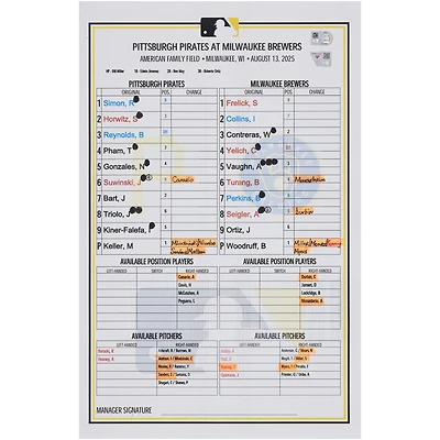 Pittsburgh Pirates Autographed Game-Used Lineup Card vs. Milwaukee Brewers on August 13, 2025