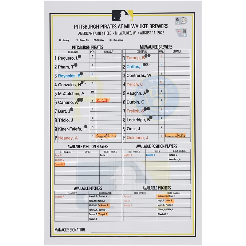 Pittsburgh Pirates Autographed Game-Used Lineup Card vs. Milwaukee Brewers on August 11, 2025