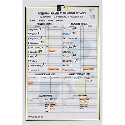 Pittsburgh Pirates Autographed Game-Used Lineup Card vs. Milwaukee Brewers on August 11, 2025
