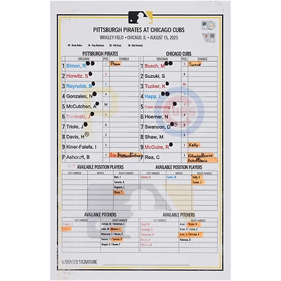 Pittsburgh Pirates Autographed Game-Used Lineup Card vs. Chicago Cubs on August 15, 2025