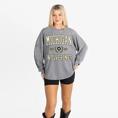Women's Gameday Couture Gray Michigan Wolverines Oversized Final Score Snow Wash Long Sleeve T-Shirt