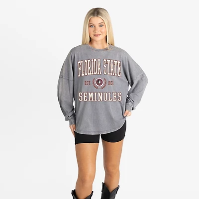 Women's Gameday Couture Gray Florida State Seminoles Oversized Final Score Snow Wash Long Sleeve T-Shirt