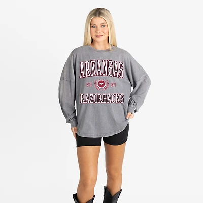 Women's Gameday Couture Gray Arkansas Razorbacks Oversized Final Score Snow Wash Long Sleeve T-Shirt
