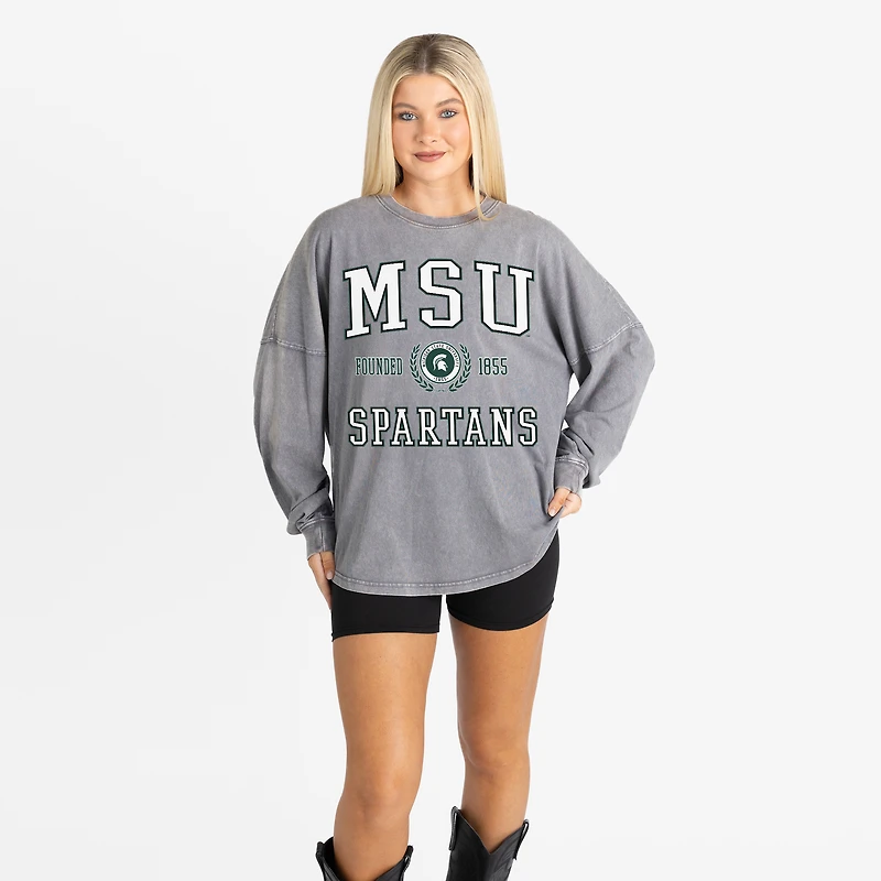 Women's Gameday Couture Gray Michigan State Spartans Oversized Final Score Snow Wash Long Sleeve T-Shirt