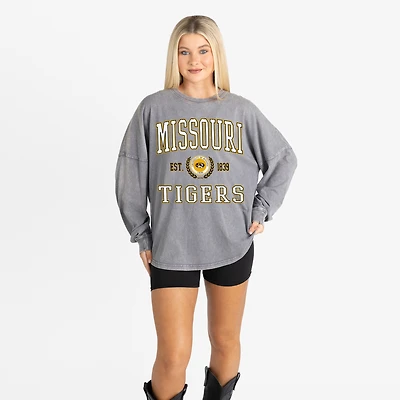 Women's Gameday Couture Gray Missouri Tigers Oversized Final Score Snow Wash Long Sleeve T-Shirt