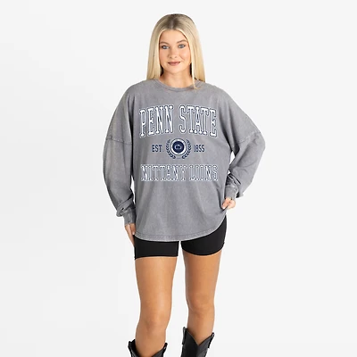 Women's Gameday Couture Gray Penn State Nittany Lions Oversized Final Score Snow Wash Long Sleeve T-Shirt