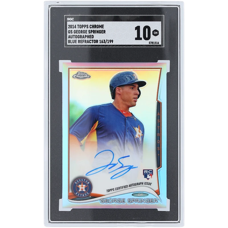 George Springer Houston Astros Autographed 2014 Topps Chrome Blue Refractor #GS #163/199 SGC Authenticated GM 10 Rookie Card