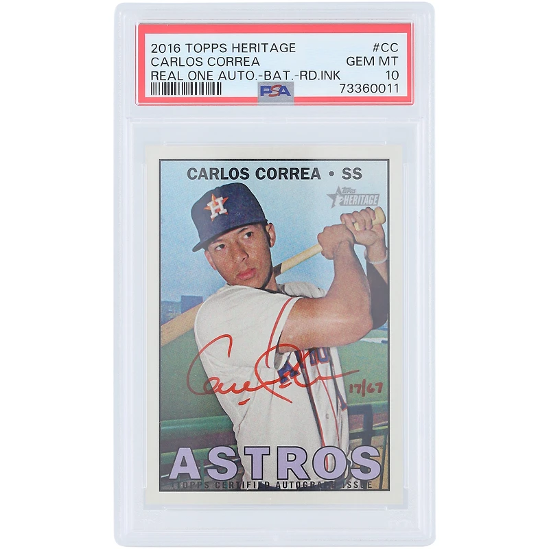 Carlos Correa Houston Astros Autographed 2016 Topps Heritage Real One Red Ink #ROA-CC #17/67 PSA Authenticated Gem MT 10 Card