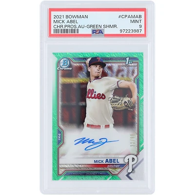 Mick Abel Philadelphia Phillies Autographed 2021 Bowman Chrome Prospects Green Shimmer #CPA-MAB #32/99 PSA Authenticated Mint 9 Card