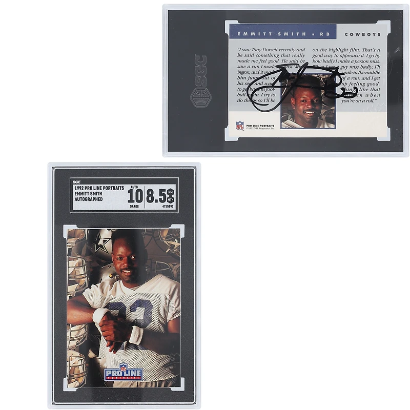 Emmitt Smith Dallas Cowboys Autographed 1992 Pro Line Portraits #A-ES SGC Authenticated 8.5/10 Card