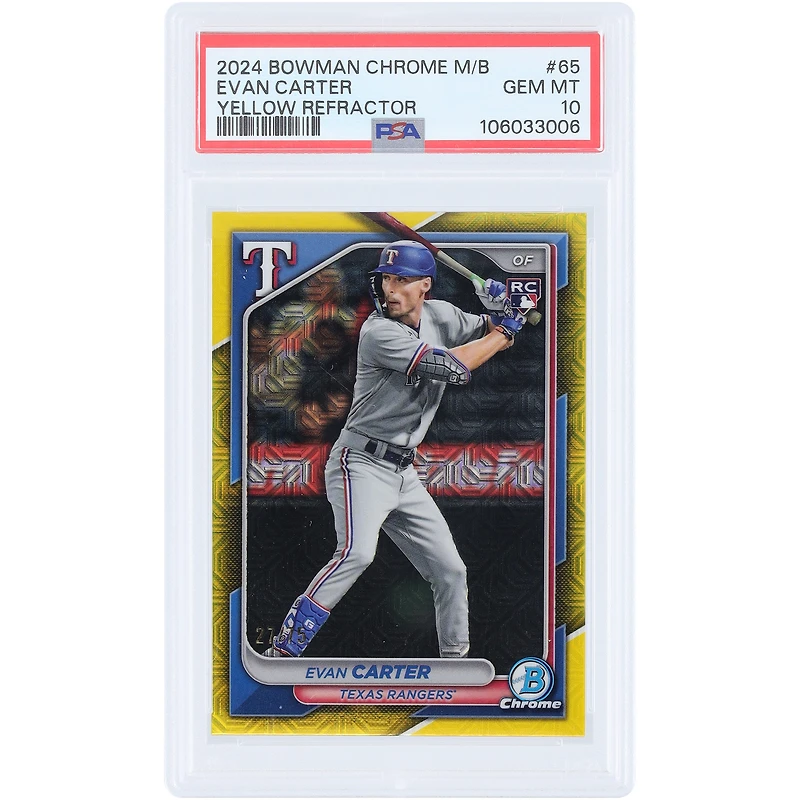 Evan Carter Texas Rangers 2024 Bowman Chrome Mega Box Yellow Refractor #65 #27/75 PSA Authenticated 10 Rookie Card