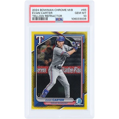 Evan Carter Texas Rangers 2024 Bowman Chrome Mega Box Yellow Refractor #65 #27/75 PSA Authenticated 10 Rookie Card