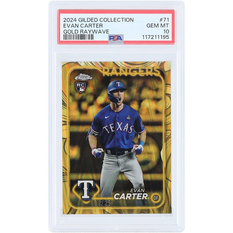 Evan Carter Texas Rangers 2024 Topps Gilded Collection Gold Raywave #71 #6/25 PSA Authenticated 10 Rookie Card