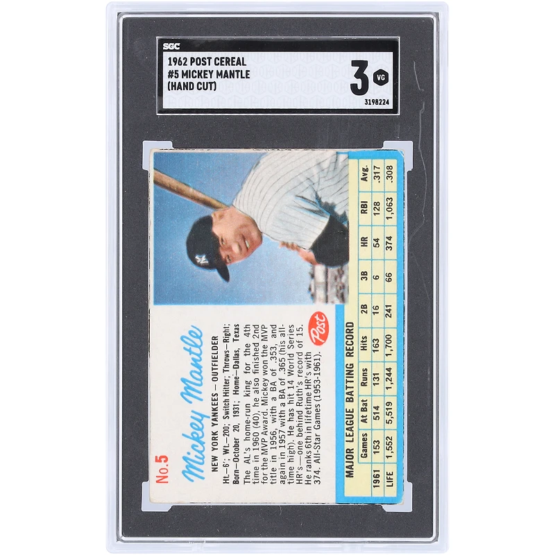 Mickey Mantle New York Yankees 1962 Post Cereal Hand Cut #5 SGC Authenticated 3 Card
