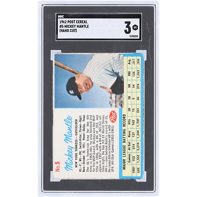 Mickey Mantle New York Yankees 1962 Post Cereal Hand Cut #5 SGC Authenticated 3 Card