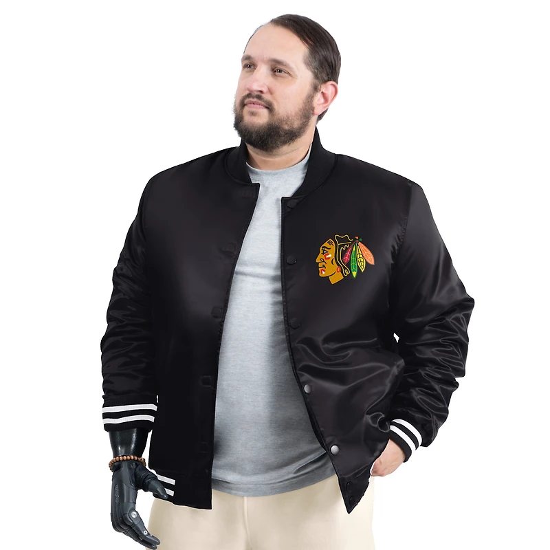 Men's G-III Sports by Carl Banks Black Chicago Blackhawks Adaptive Bold Logo Satin Full-Snap Varsity Jacket