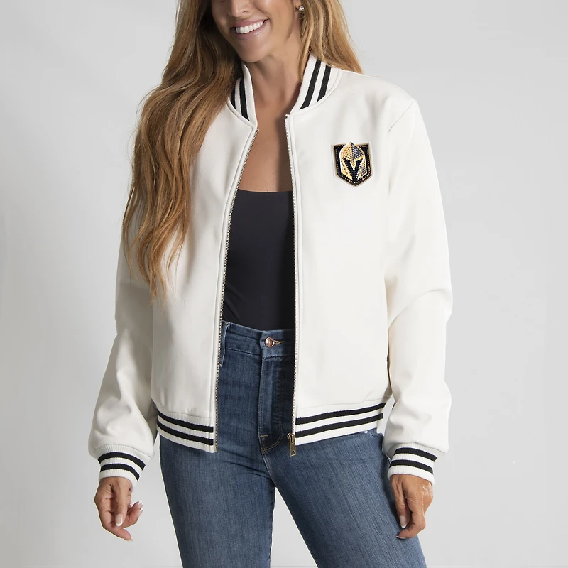 Women's Cuce White Vegas Golden Knights Vegan Leather Rhinestone Logo Full-Zip Jacket