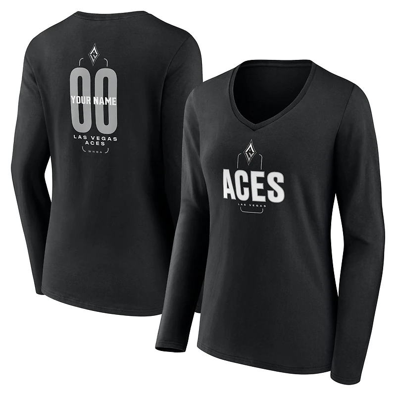 Women's Black Las Vegas Aces Center Court Name & Number Custom Long Sleeve V-Neck T-Shirt