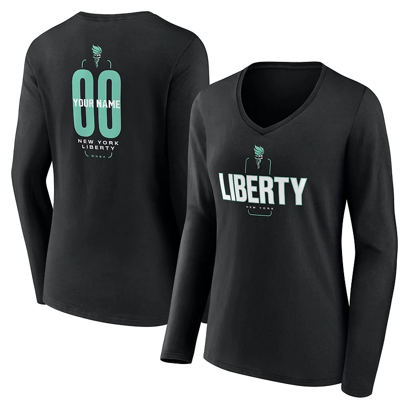 Women's Black New York Liberty Center Court Name & Number Custom Long Sleeve V-Neck T-Shirt