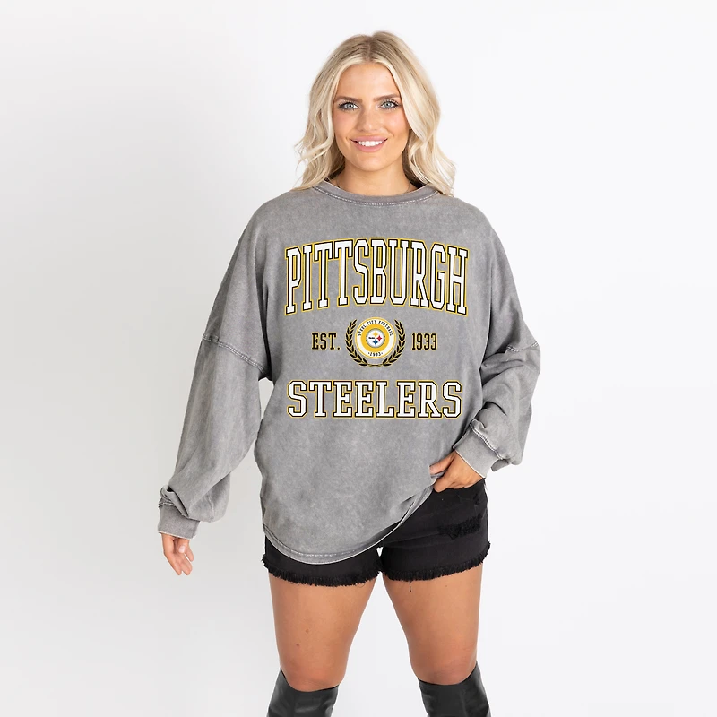 Women's Gameday Couture Gray Pittsburgh Steelers Oversized Final Score Snow Wash Long Sleeve T-Shirt