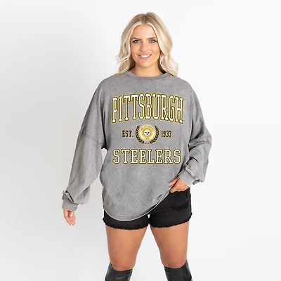 Women's Gameday Couture Gray Pittsburgh Steelers Oversized Final Score Snow Wash Long Sleeve T-Shirt