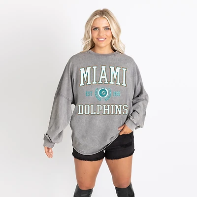 Women's Gameday Couture Gray Miami Dolphins Oversized Final Score Snow Wash Long Sleeve T-Shirt