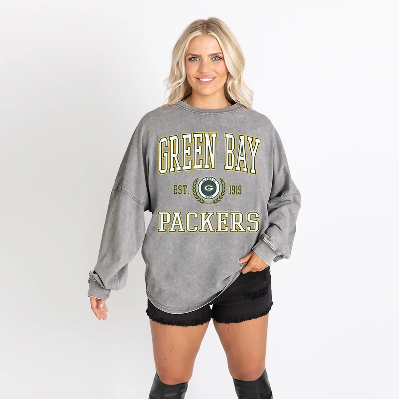 Women's Gameday Couture Gray Green Bay Packers Oversized Final Score Snow Wash Long Sleeve T-Shirt