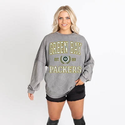 Women's Gameday Couture Gray Green Bay Packers Oversized Final Score Snow Wash Long Sleeve T-Shirt