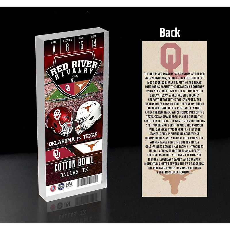 Highland Mint Oklahoma Sooners vs. Texas Longhorns Red River Rivalry 3D Ticket Block Art