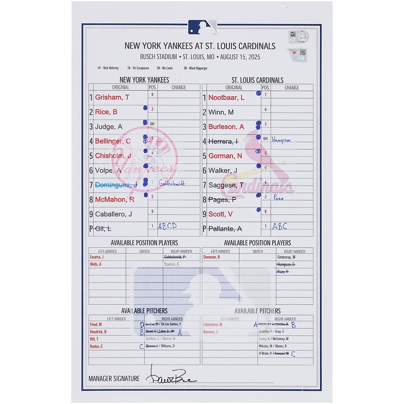 New York Yankees Game-Used Lineup Card vs. St. Louis Cardinals on August 15, 2025