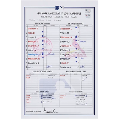 New York Yankees Game-Used Lineup Card vs. St. Louis Cardinals on August 15, 2025
