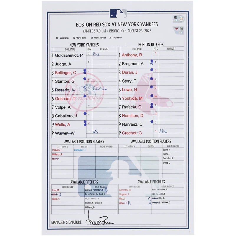 New York Yankees Game-Used Lineup Card vs. Boston Red Sox on August 23, 2025