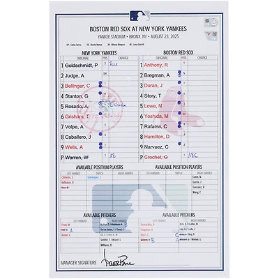 New York Yankees Game-Used Lineup Card vs. Boston Red Sox on August 23, 2025