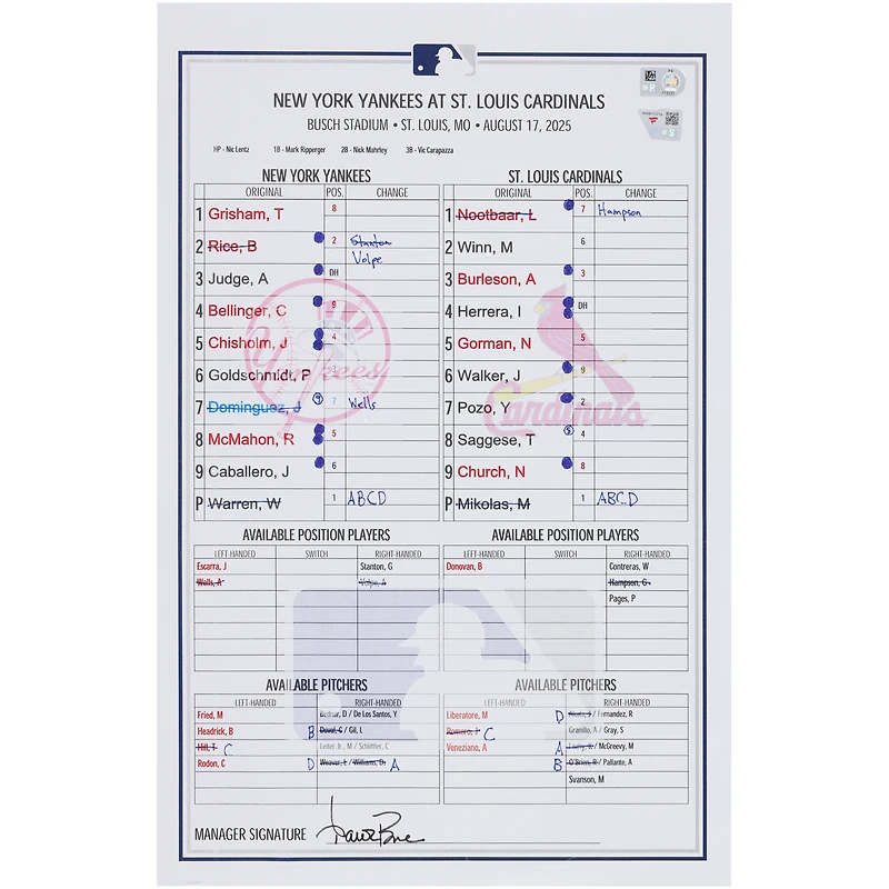 New York Yankees Game-Used Lineup Card vs. St. Louis Cardinals on August 17, 2025