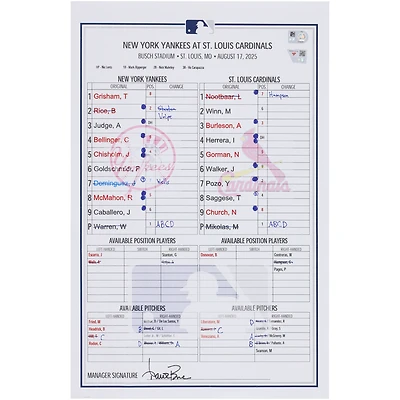 New York Yankees Game-Used Lineup Card vs. St. Louis Cardinals on August 17, 2025