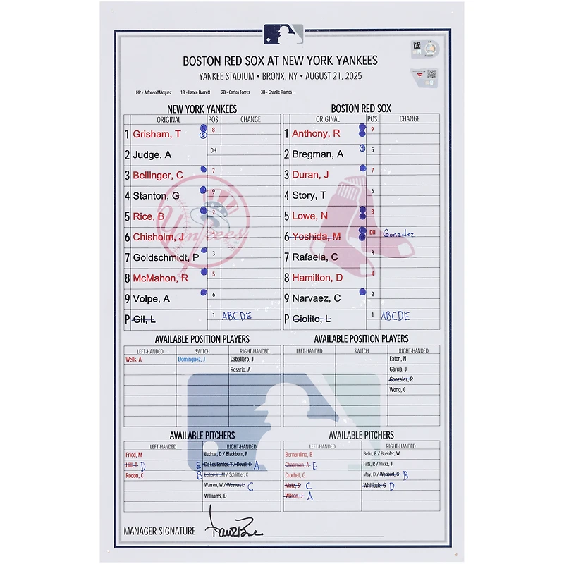 New York Yankees Game-Used Lineup Card vs. Boston Red Sox on August 21, 2025