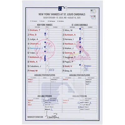 New York Yankees Game-Used Lineup Card vs. St. Louis Cardinals on August 16, 2025