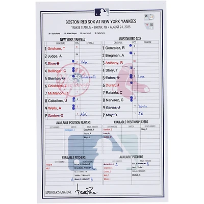 New York Yankees Game-Used Lineup Card vs. Boston Red Sox on August 24, 2025